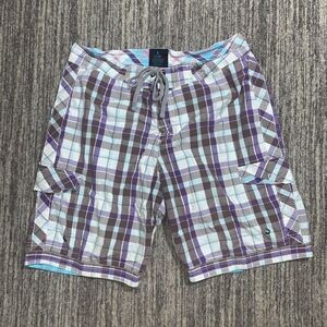 Old Navy Mens Size Large Cargo‎ Swim Shorts Purple Cream Plaid Tie Beach Summer